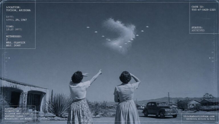 Nine white discs and a tenth object weave in and out of an isolated, unnatural cloud over Tucson, Arizona, April 29, 1947