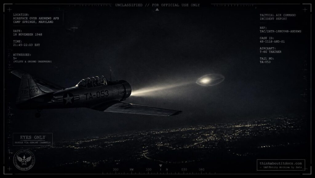 A T-6 trainer aircraft's landing light illuminates a whitish-gray oval object during an 18-minute pursuit over Andrews AFB, Maryland, November 18, 1948