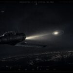 A T-6 trainer aircraft's landing light illuminates a whitish-gray oval object during an 18-minute pursuit over Andrews AFB, Maryland, November 18, 1948