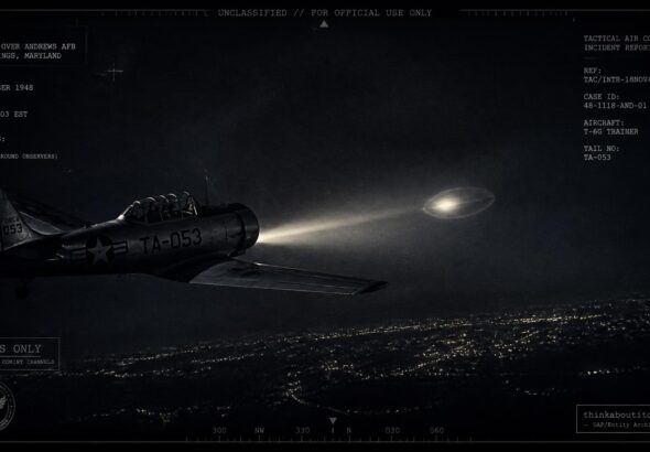 A T-6 trainer aircraft's landing light illuminates a whitish-gray oval object during an 18-minute pursuit over Andrews AFB, Maryland, November 18, 1948