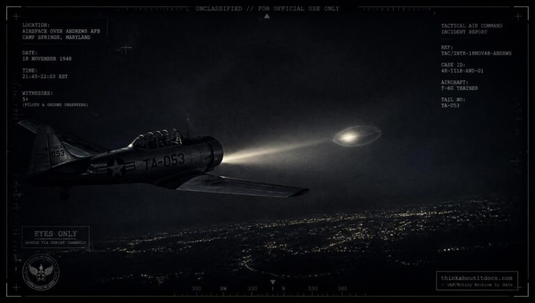 A T-6 trainer aircraft's landing light illuminates a whitish-gray oval object during an 18-minute pursuit over Andrews AFB, Maryland, November 18, 1948