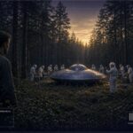Gösta Carlsson watches eleven white-suited figures perform repairs on a domed disc in the Kronoskogen forest, Sweden, May 18, 1946