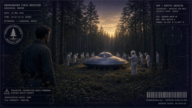 Gösta Carlsson watches eleven white-suited figures perform repairs on a domed disc in the Kronoskogen forest, Sweden, May 18, 1946