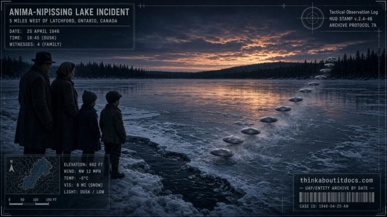 The Cameron family watches a dozen small discs descend and spin on the ice of Anima-Nipissing Lake, Ontario, at dusk, April 25, 1946