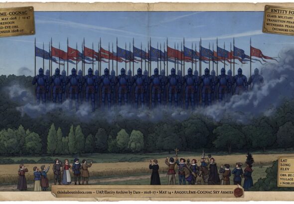 A vast formation of blue-armored warrior figures forming from clouds and clearing a forest in perfect ranks near Angoulême, France, May 1608