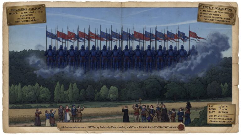 A vast formation of blue-armored warrior figures forming from clouds and clearing a forest in perfect ranks near Angoulême, France, May 1608