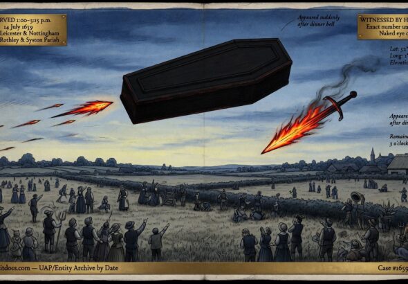 A black coffin-shaped object with a fiery dart and bloody sword hanging in the daylight sky between Leicester and Nottingham, England, watched by hundreds, 1659