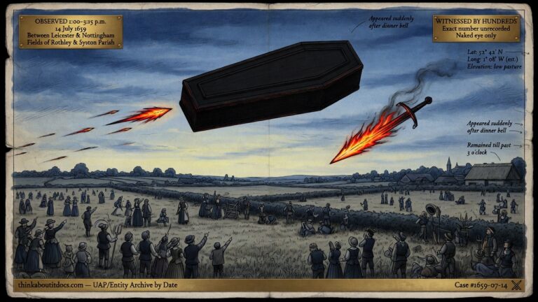 A black coffin-shaped object with a fiery dart and bloody sword hanging in the daylight sky between Leicester and Nottingham, England, watched by hundreds, 1659