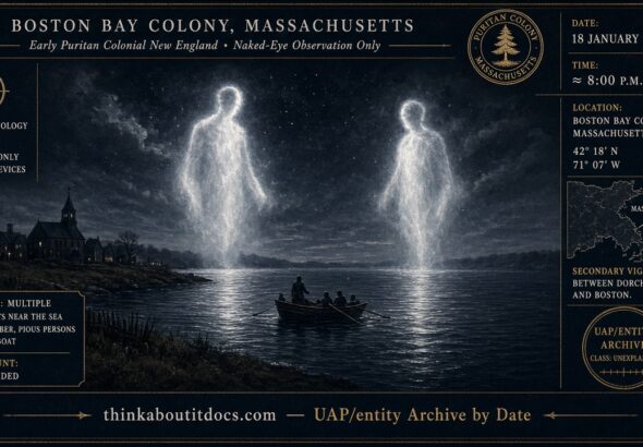 Two large, moon-sized, man-shaped lights rising over the water near Boston Bay Colony, Massachusetts, January 18, 1644