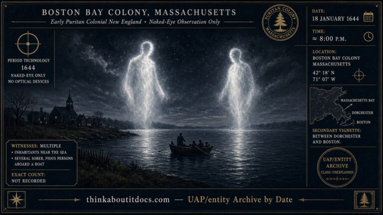 Two large, moon-sized, man-shaped lights rising over the water near Boston Bay Colony, Massachusetts, January 18, 1644