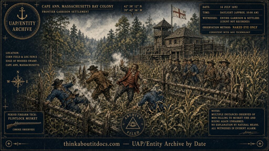 Colonial settlers and garrison soldiers encountering unidentified strangers who survive gunfire near Cape Ann, Massachusetts, summer 1692