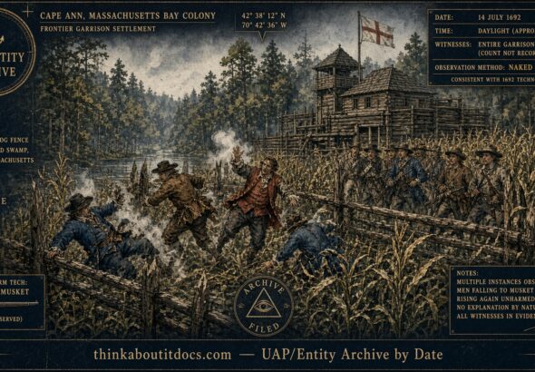 Colonial settlers and garrison soldiers encountering unidentified strangers who survive gunfire near Cape Ann, Massachusetts, summer 1692