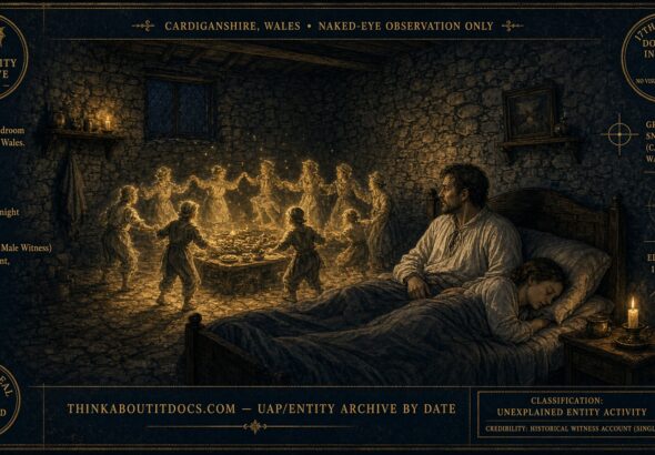 A dozen small humanoid figures dancing and feasting in a transformed Welsh bedroom while a man watches and his wife sleeps undisturbed, 1656