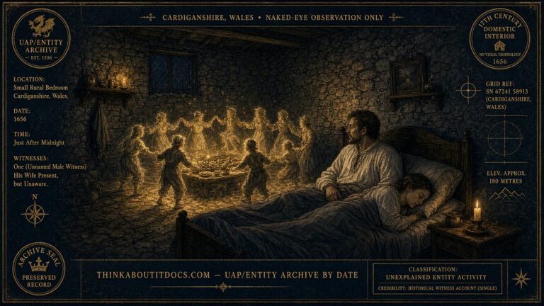 A dozen small humanoid figures dancing and feasting in a transformed Welsh bedroom while a man watches and his wife sleeps undisturbed, 1656