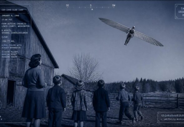 A man with silver wings hovers 200 feet above a Chehalis, Washington barn, watched by six witnesses, January 6, 1948