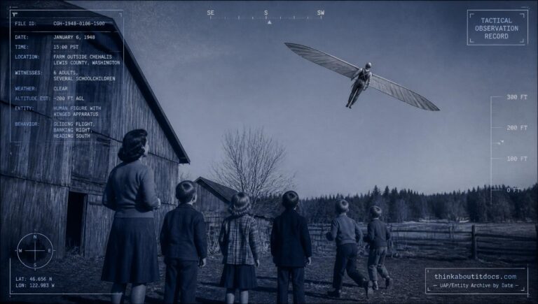 A man with silver wings hovers 200 feet above a Chehalis, Washington barn, watched by six witnesses, January 6, 1948