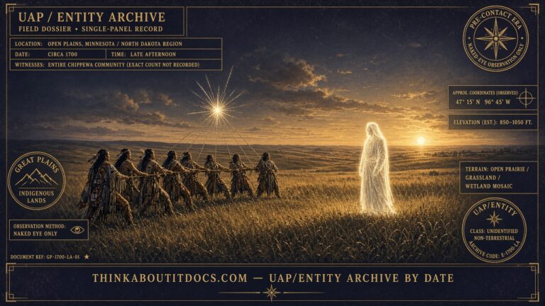 A shining sky-man watching a brilliant star-like vessel descend over the plains as Chippewa community members help pull it to the ground, circa 1700