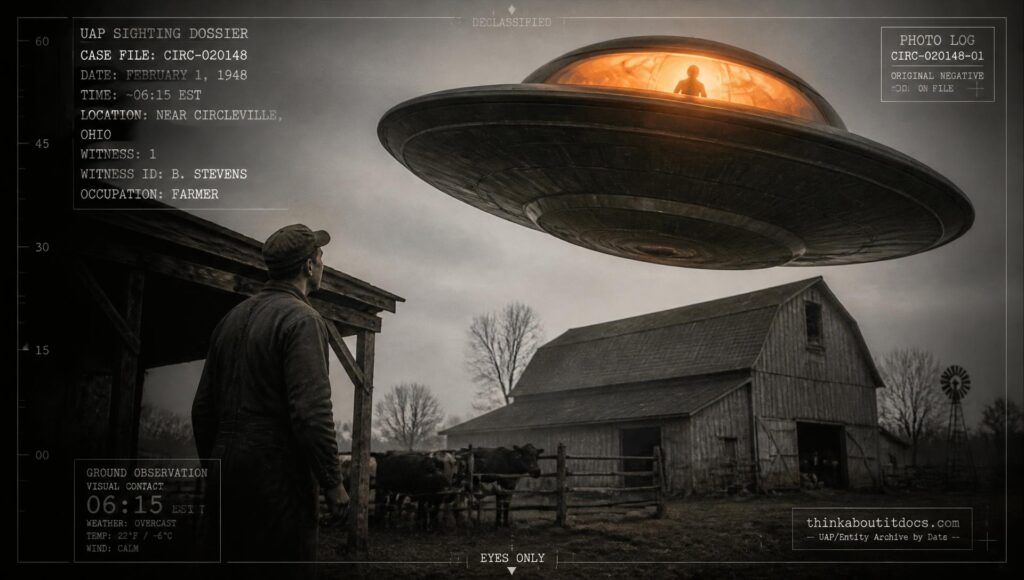 A farmer watches a silhouetted occupant through a glowing orange dome above his Circleville, Ohio barn, February 1, 1948