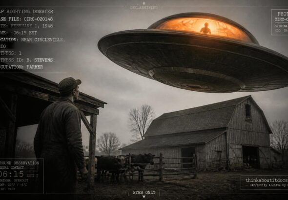 A farmer watches a silhouetted occupant through a glowing orange dome above his Circleville, Ohio barn, February 1, 1948