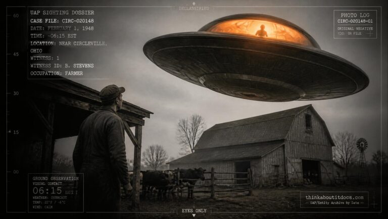A farmer watches a silhouetted occupant through a glowing orange dome above his Circleville, Ohio barn, February 1, 1948