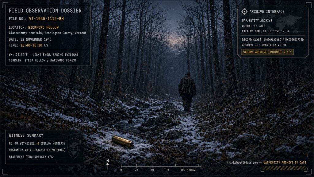 An elderly hunter recedes down a wooded trail at Bickford Hollow, Glastenbury Mountain, Vermont, moments before vanishing without a trace, November 12, 1945