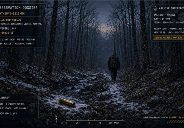 An elderly hunter recedes down a wooded trail at Bickford Hollow, Glastenbury Mountain, Vermont, moments before vanishing without a trace, November 12, 1945