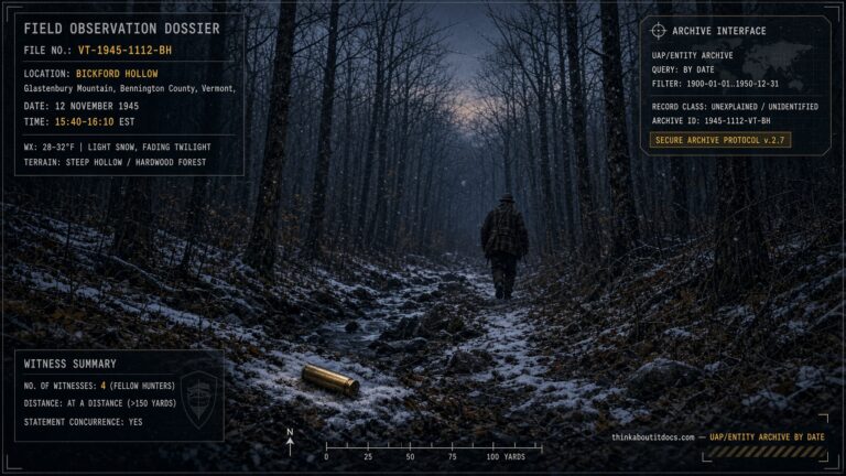 An elderly hunter recedes down a wooded trail at Bickford Hollow, Glastenbury Mountain, Vermont, moments before vanishing without a trace, November 12, 1945