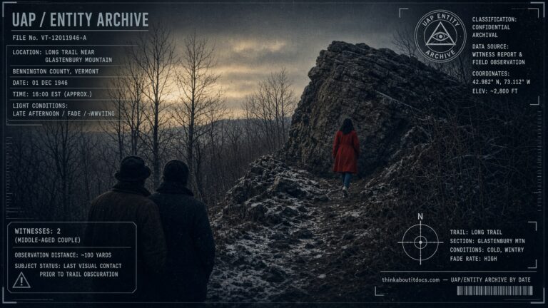 Paula Welden in her red coat rounds a rocky outcropping on Vermont's Long Trail moments before vanishing without a trace, December 1, 1946