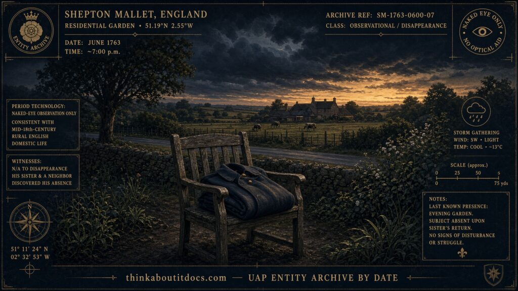 An empty folded greatcoat resting on a garden chair where paralyzed Owen Parfitt vanished, Shepton Mallet, England, June 1763