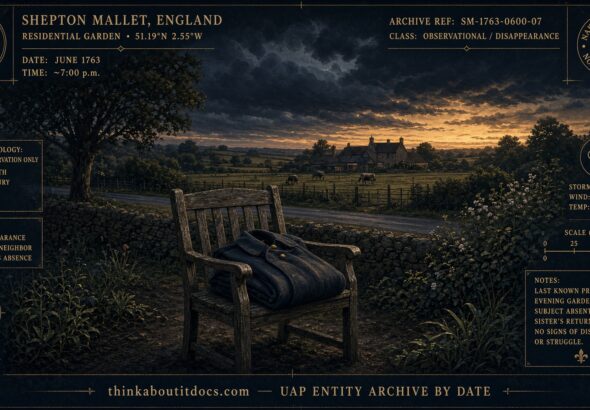 An empty folded greatcoat resting on a garden chair where paralyzed Owen Parfitt vanished, Shepton Mallet, England, June 1763