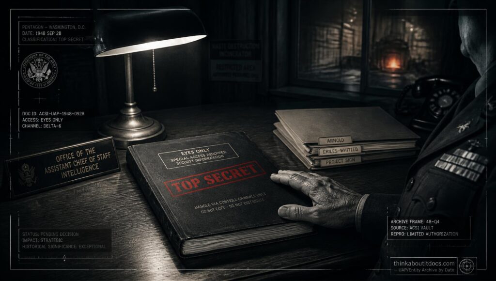 A thick, TOP SECRET-stamped document — the Estimate of the Situation — lies on a Pentagon desk shortly before its 1948 destruction