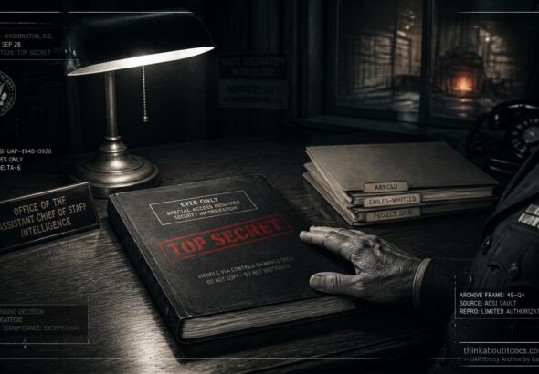 A thick, TOP SECRET-stamped document — the Estimate of the Situation — lies on a Pentagon desk shortly before its 1948 destruction