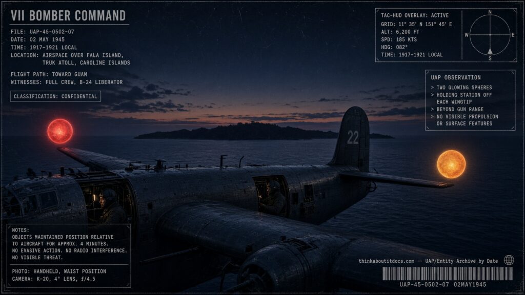 Two color-changing spherical objects pacing a B-24 Liberator off Fala Island, Truk Atoll, May 2, 1945