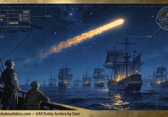 A bright flaming column crossing the night sky above the Holy League fleet before the Battle of Lepanto, September 20, 1571