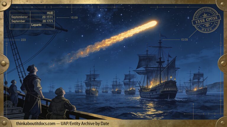 A bright flaming column crossing the night sky above the Holy League fleet before the Battle of Lepanto, September 20, 1571