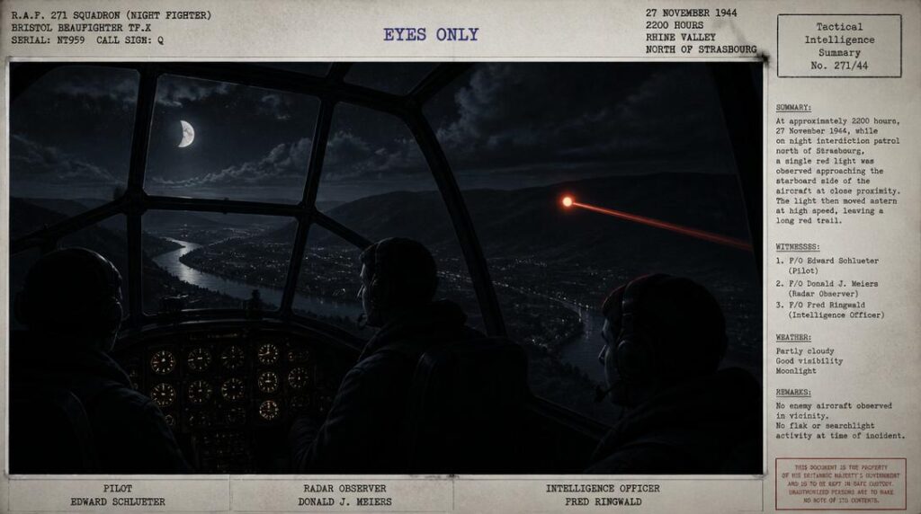 A Bristol Beaufighter night fighter crew over the Rhine Valley watching a red light close on their aircraft before trailing away, November 27, 1944