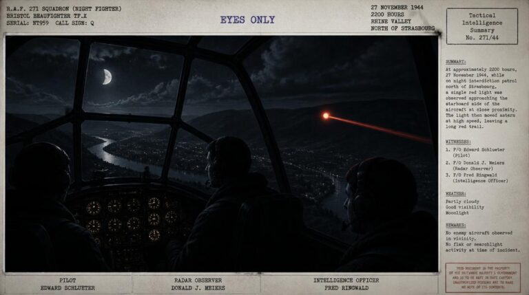 A Bristol Beaufighter night fighter crew over the Rhine Valley watching a red light close on their aircraft before trailing away, November 27, 1944