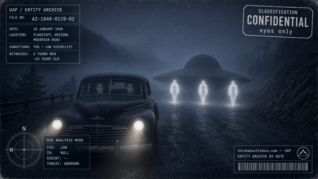 Two young men's car stopped before a domed "Mexican hat" disc and three luminous beings on a foggy Flagstaff, Arizona mountain road, January 19, 1946 