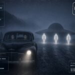 Two young men's car stopped before a domed "Mexican hat" disc and three luminous beings on a foggy Flagstaff, Arizona mountain road, January 19, 1946 