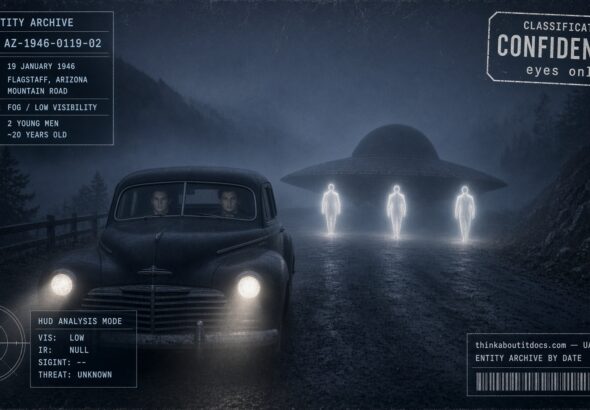 Two young men's car stopped before a domed "Mexican hat" disc and three luminous beings on a foggy Flagstaff, Arizona mountain road, January 19, 1946 