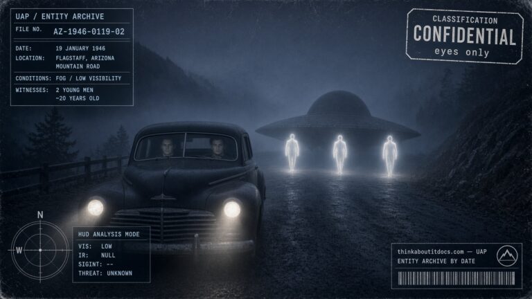 Two young men's car stopped before a domed "Mexican hat" disc and three luminous beings on a foggy Flagstaff, Arizona mountain road, January 19, 1946 