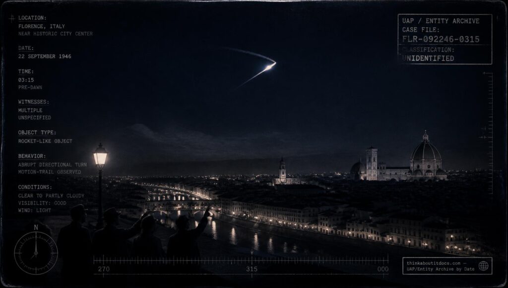 A rocket-like object changes direction over the Florence, Italy skyline in the pre-dawn hours, September 22, 1946