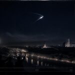A rocket-like object changes direction over the Florence, Italy skyline in the pre-dawn hours, September 22, 1946