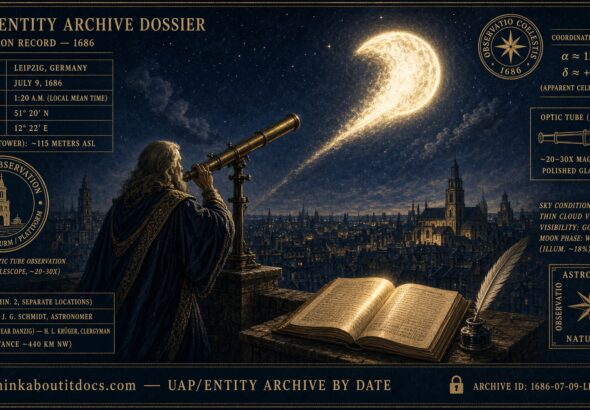 A brilliant fireball-like object with a trailing tail hovering over Leipzig, Germany, observed and recorded by astronomer Gottfried Kirch, July 9, 1686