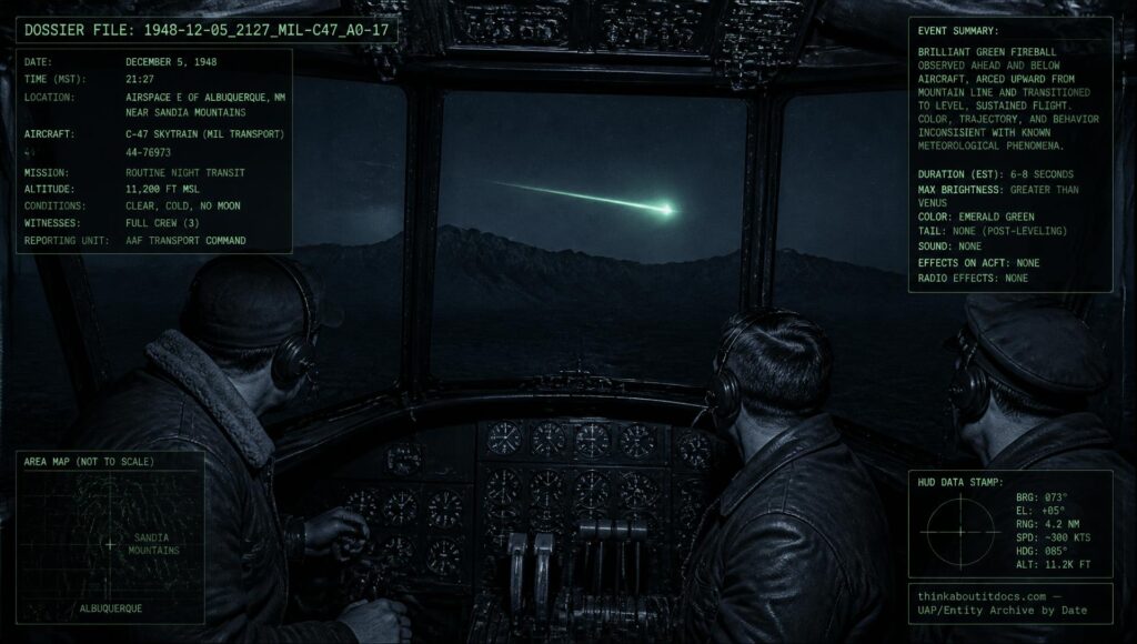 A C-47 aircrew watches a brilliant green fireball streak across the New Mexico sky near the Sandia Mountains, December 5, 1948