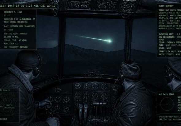 A C-47 aircrew watches a brilliant green fireball streak across the New Mexico sky near the Sandia Mountains, December 5, 1948
