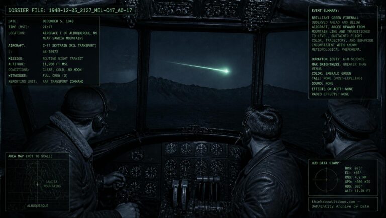 A C-47 aircrew watches a brilliant green fireball streak across the New Mexico sky near the Sandia Mountains, December 5, 1948