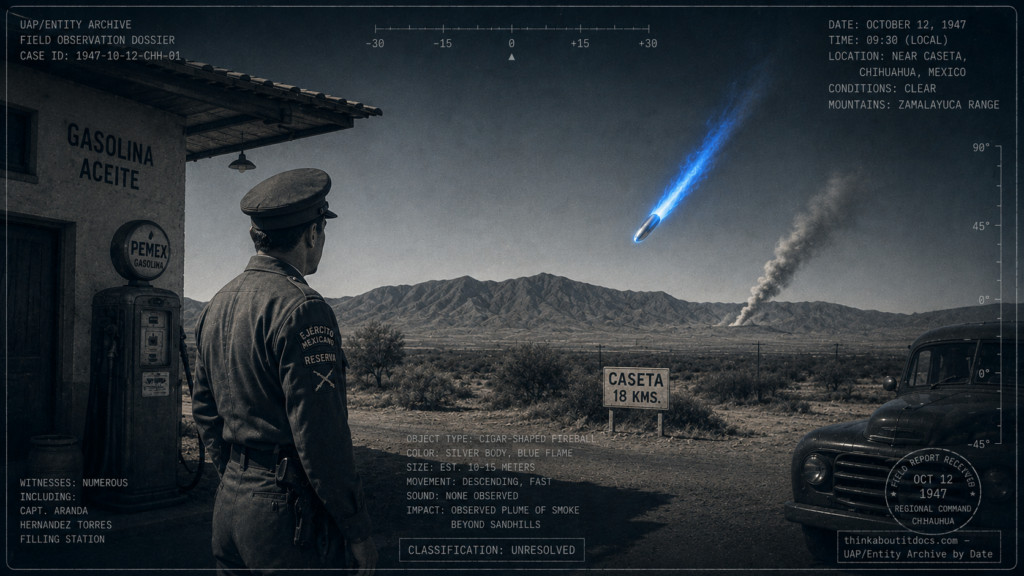 A blue-and-silver, rocket-like fireball descends toward the Zamalayuca Mountains near Guadalupe, Mexico, October 12, 1947