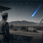 A blue-and-silver, rocket-like fireball descends toward the Zamalayuca Mountains near Guadalupe, Mexico, October 12, 1947