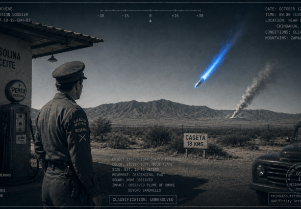 A blue-and-silver, rocket-like fireball descends toward the Zamalayuca Mountains near Guadalupe, Mexico, October 12, 1947